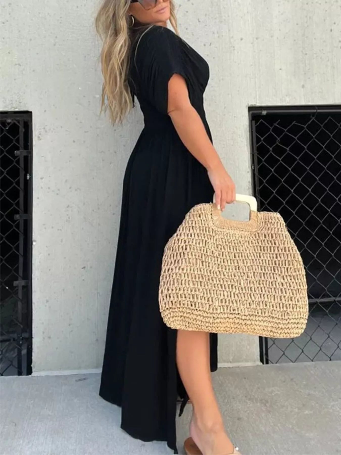 Full Size Slit V-Neck Smocked Waist Maxi Dress Plus Size-Stay Foxy Boutique, Florissant, Missouri