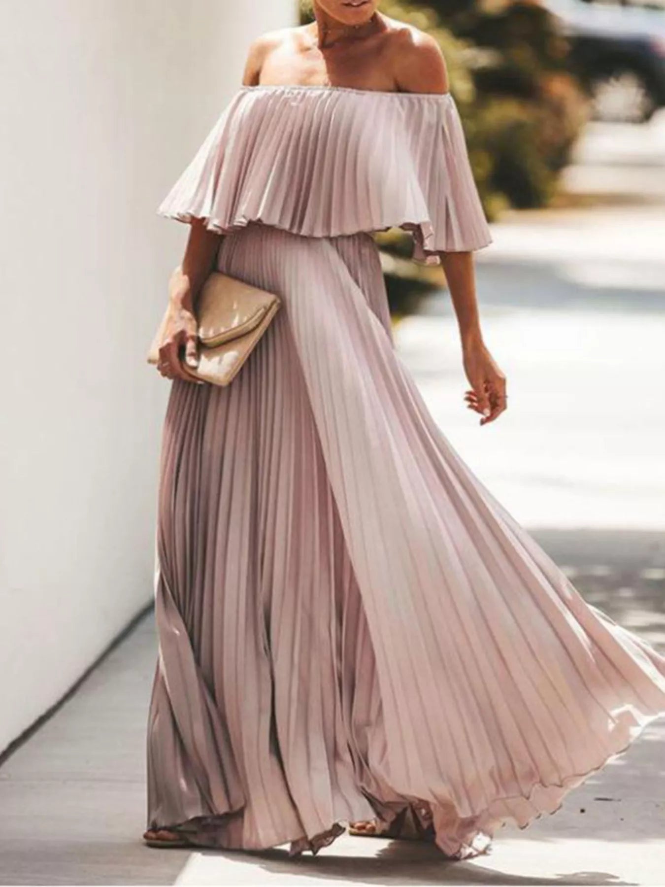 Full Size Off-Shoulder Pleated Maxi Dress Plus Size-Stay Foxy Boutique, Florissant, Missouri