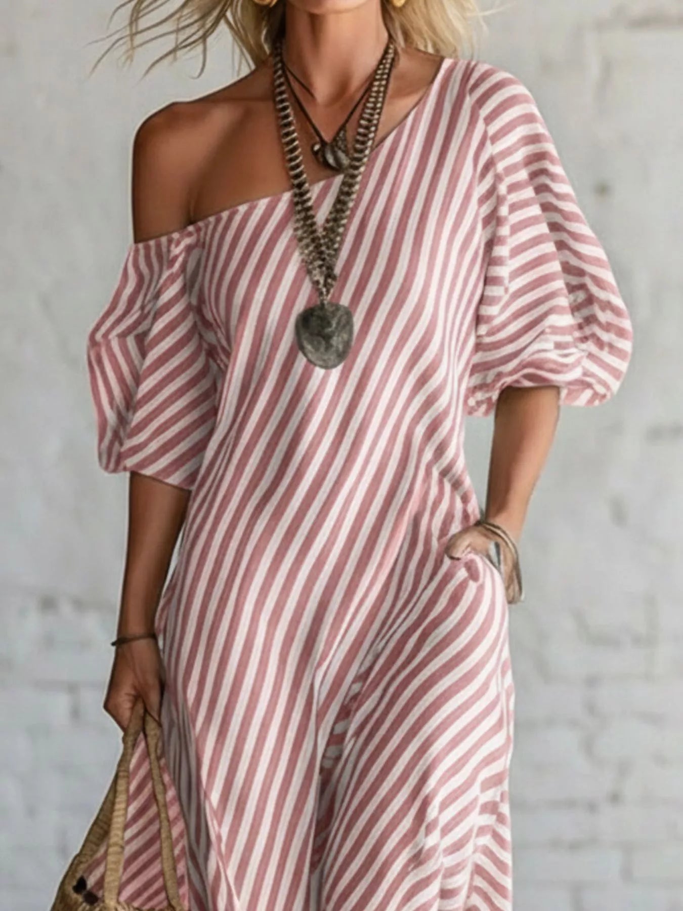 Full Size Striped One-Shoulder Casual Maxi Dress Plus Size-Stay Foxy Boutique, Florissant, Missouri