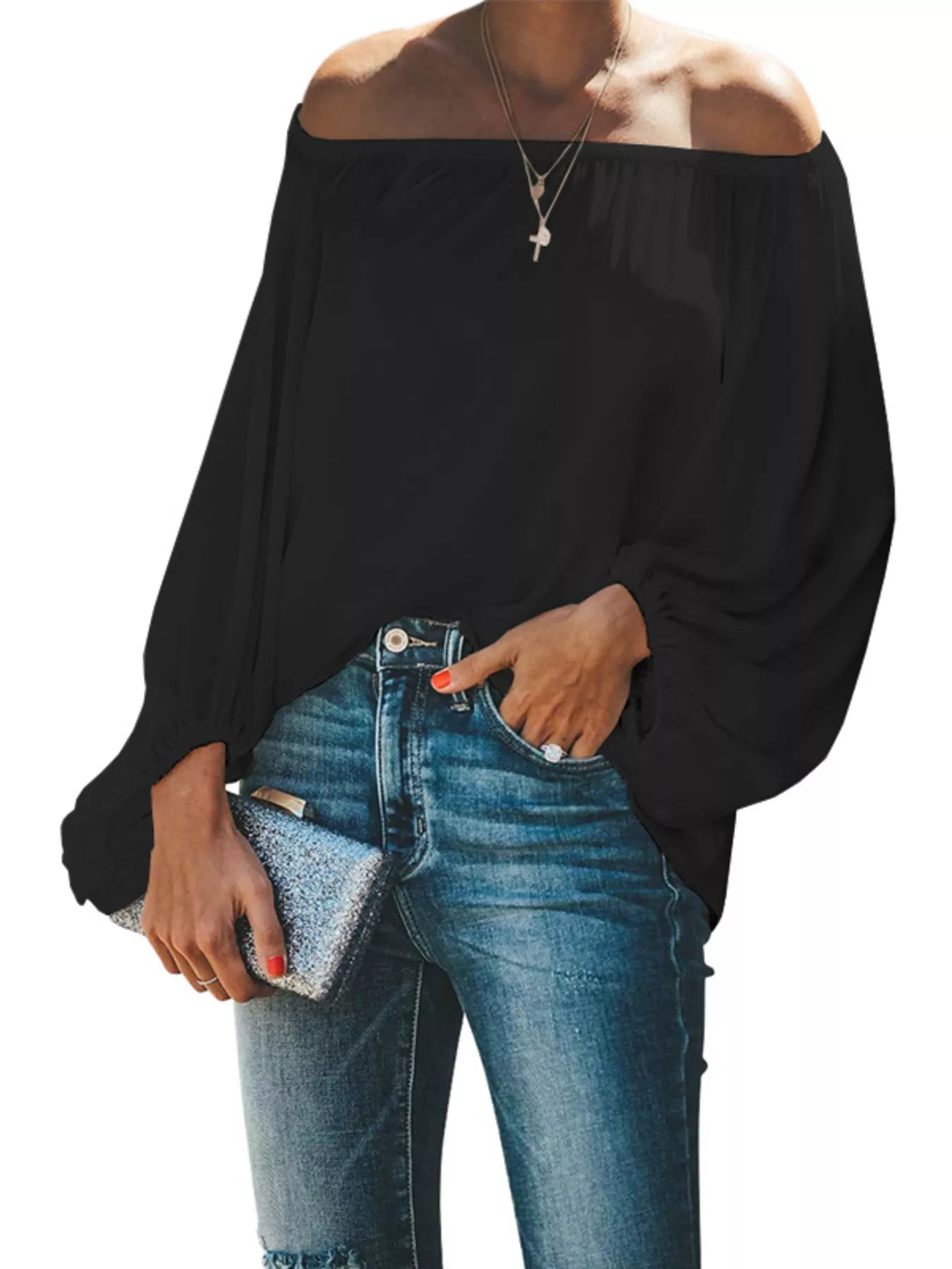 Full Size Off-Shoulder Balloon Sleeve Blouse Plus Size-Stay Foxy Boutique, Florissant, Missouri