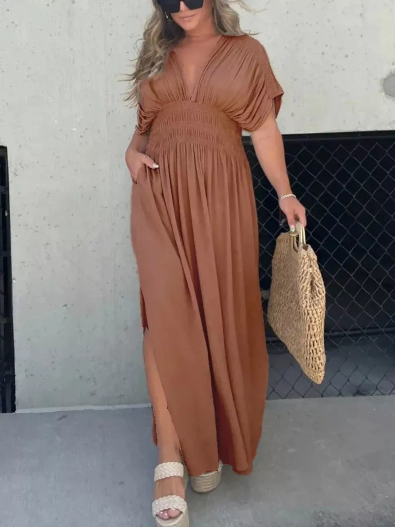 Full Size Slit V-Neck Smocked Waist Maxi Dress Plus Size-Stay Foxy Boutique, Florissant, Missouri