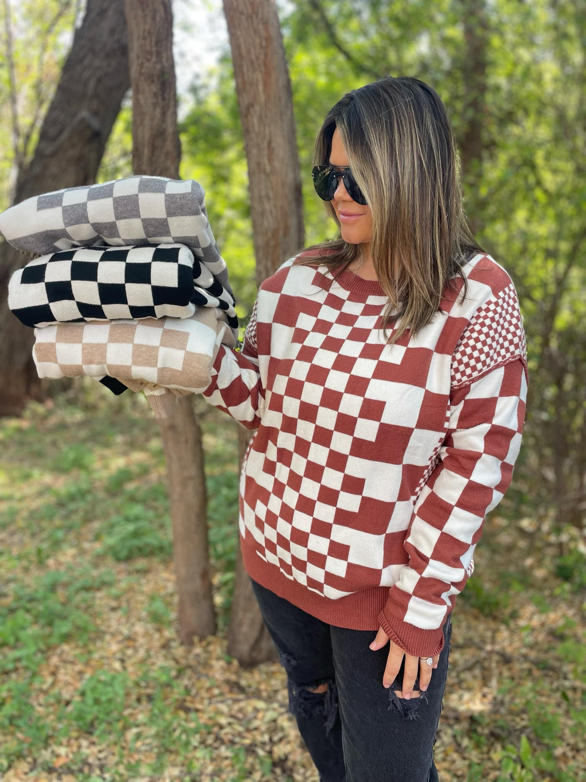 All Checkered Out Sweater in Four Colors-Womens-Stay Foxy Boutique, Florissant, Missouri