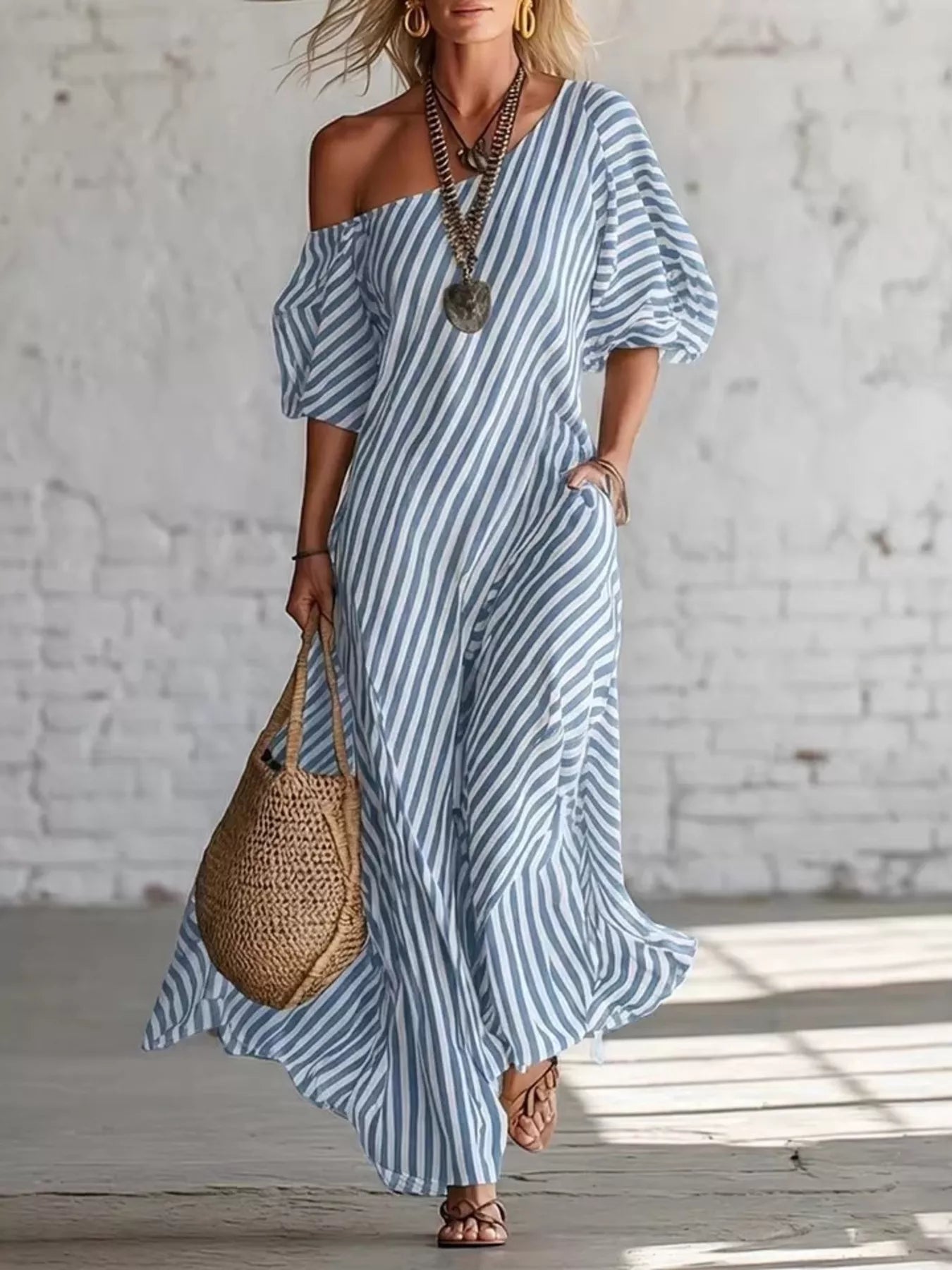 Full Size Striped One-Shoulder Casual Maxi Dress Plus Size-Stay Foxy Boutique, Florissant, Missouri