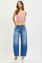 RISEN Full Size Mid Rise Barrel Double Roll Up Jeans Plus Size-Stay Foxy Boutique, Florissant, Missouri