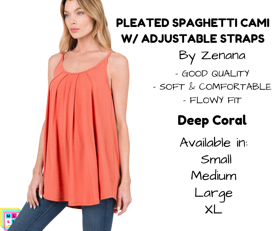 Pleated Spaghetti Strap Cami - Deep Coral-Tank Top-Stay Foxy Boutique, Florissant, Missouri