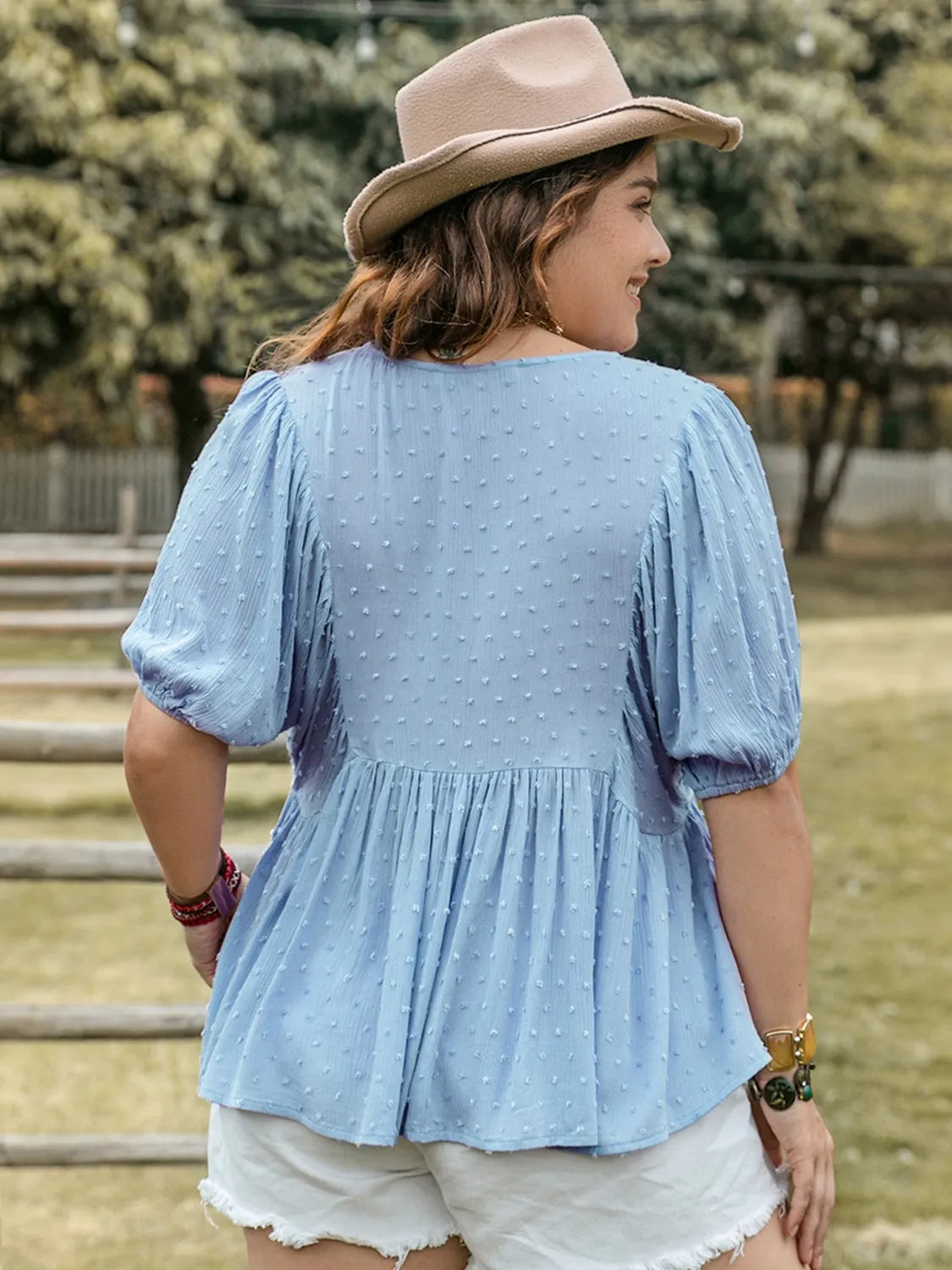 Plus Size Swiss Dot Tie Neck Short Sleeve Blouse-Stay Foxy Boutique, Florissant, Missouri