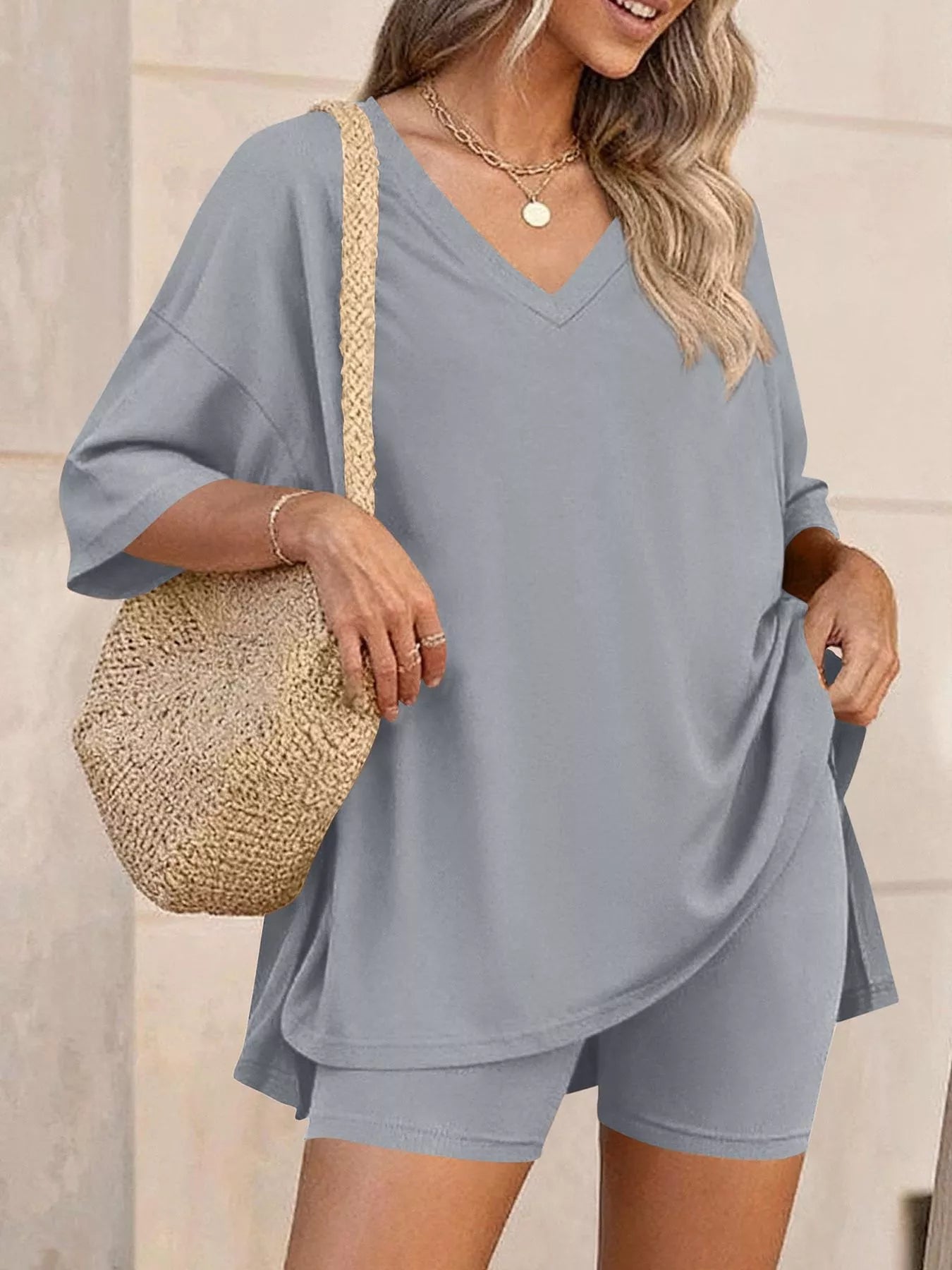 Full Size Casual Loose V-Neck T-Shirt & Shorts Set Plus Size-Stay Foxy Boutique, Florissant, Missouri
