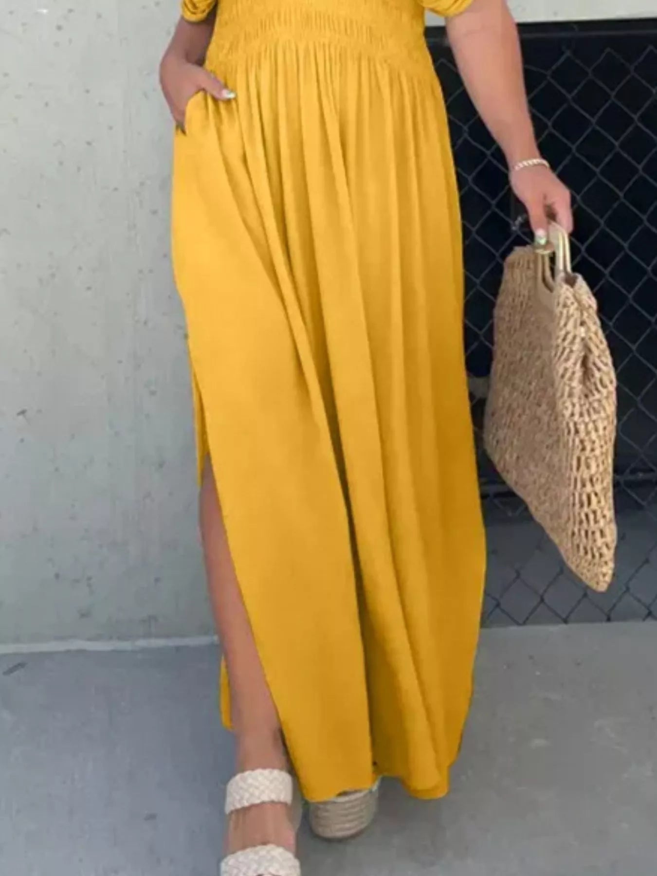 Full Size Slit V-Neck Smocked Waist Maxi Dress Plus Size-Stay Foxy Boutique, Florissant, Missouri