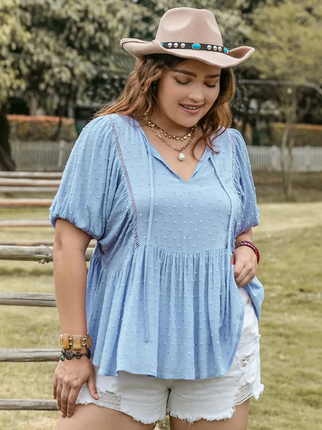 Plus Size Swiss Dot Tie Neck Short Sleeve Blouse-Stay Foxy Boutique, Florissant, Missouri