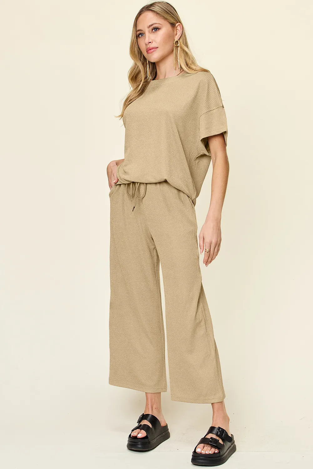 Double Take Full Size Texture Round Neck Short Sleeve T-Shirt and Wide Leg Pants-Stay Foxy Boutique, Florissant, Missouri