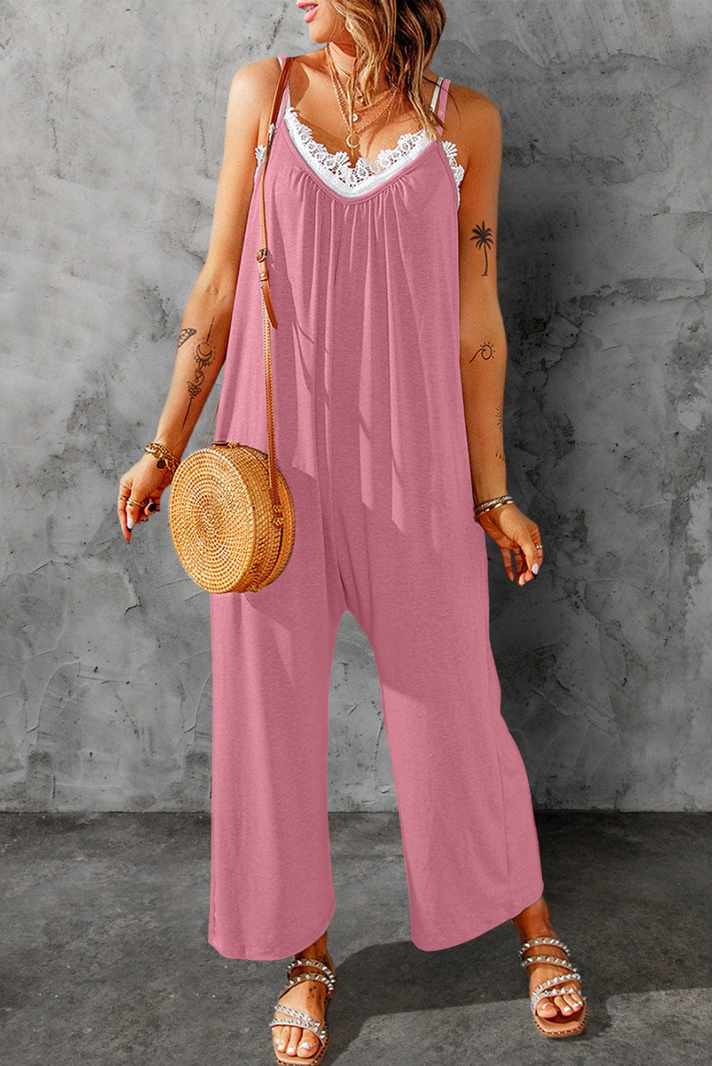 Full Size Spaghetti Strap Wide Leg Jumpsuit-Stay Foxy Boutique, Florissant, Missouri