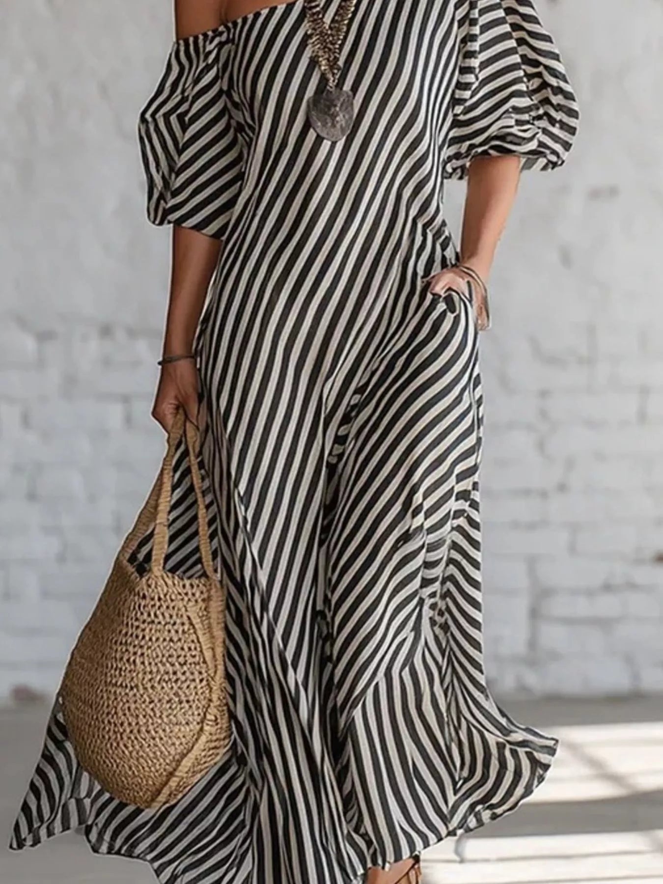 Full Size Striped One-Shoulder Casual Maxi Dress Plus Size-Stay Foxy Boutique, Florissant, Missouri