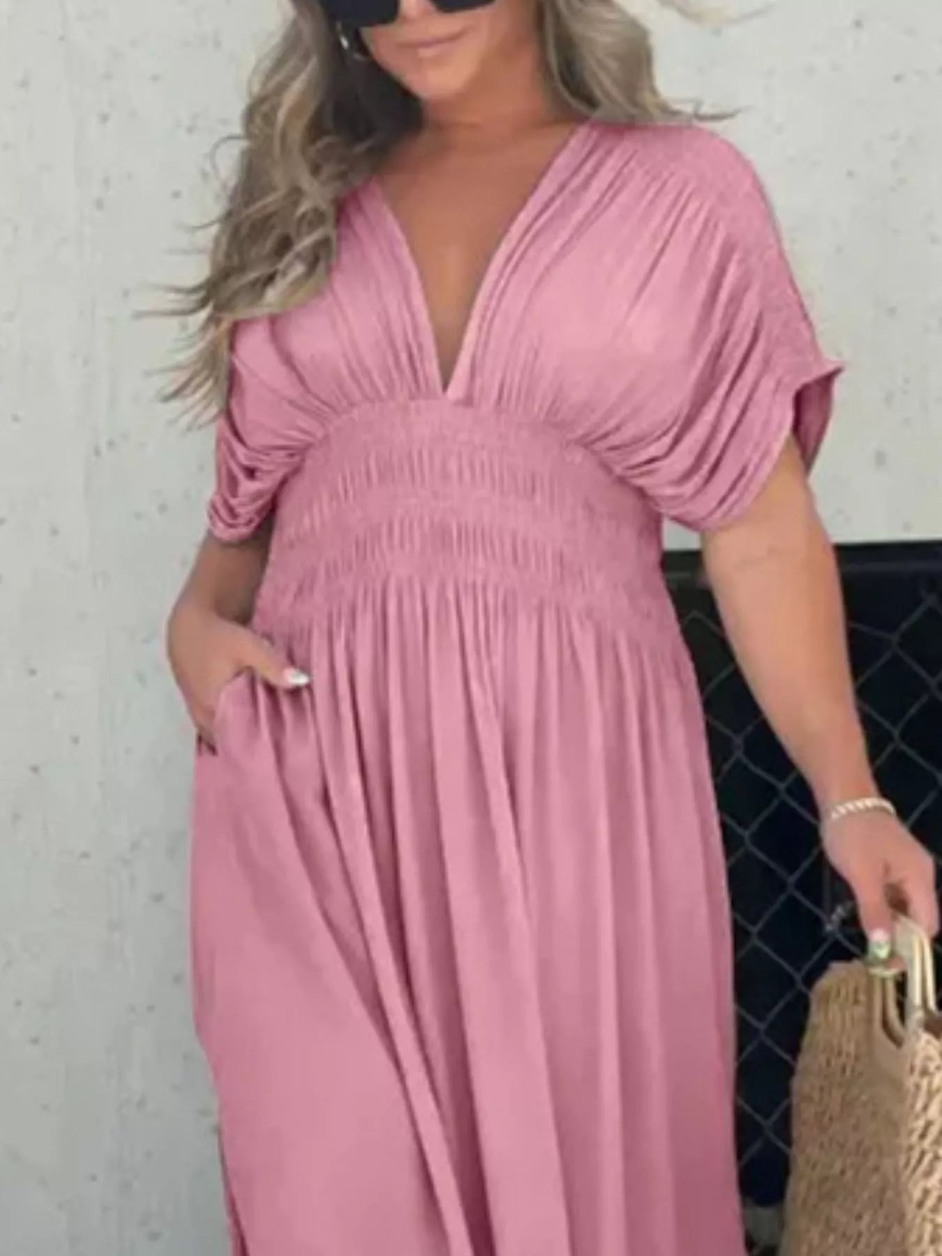 Full Size Slit V-Neck Smocked Waist Maxi Dress Plus Size-Stay Foxy Boutique, Florissant, Missouri