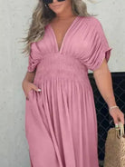 Full Size Slit V-Neck Smocked Waist Maxi Dress Plus Size-Stay Foxy Boutique, Florissant, Missouri