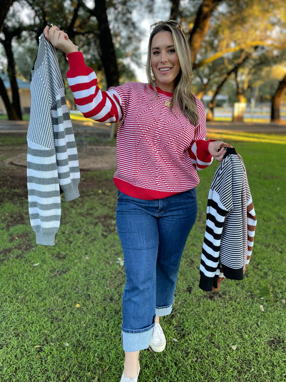 Aspen Striped Sleeve Sweater in Four Colors-Womens-Stay Foxy Boutique, Florissant, Missouri