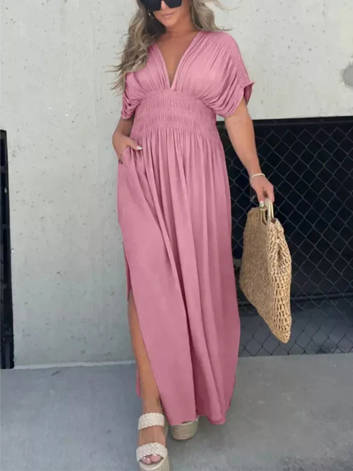 Full Size Slit V-Neck Smocked Waist Maxi Dress Plus Size-Stay Foxy Boutique, Florissant, Missouri