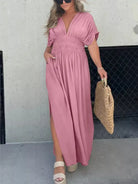 Full Size Slit V-Neck Smocked Waist Maxi Dress Plus Size-Stay Foxy Boutique, Florissant, Missouri