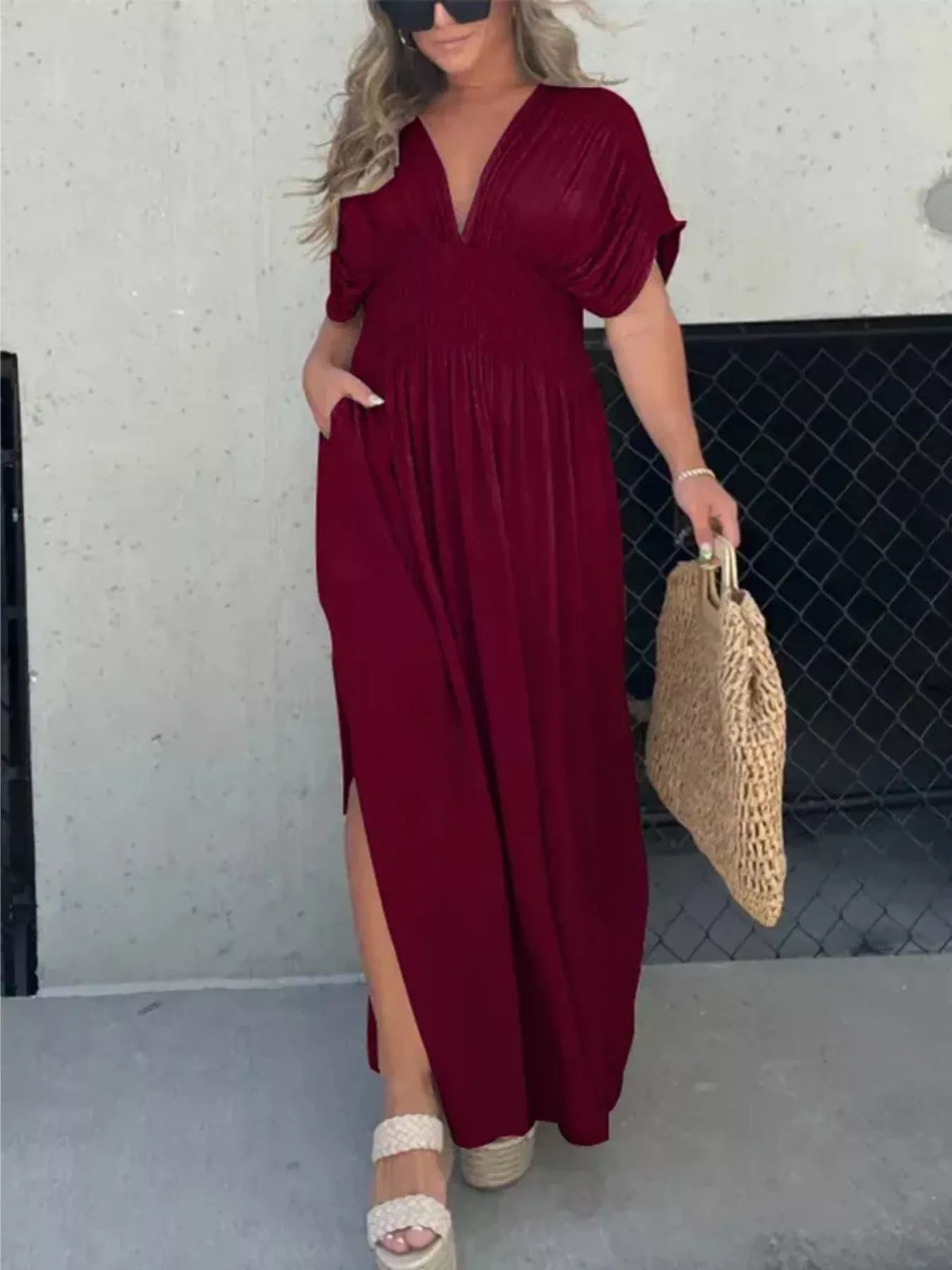 Full Size Slit V-Neck Smocked Waist Maxi Dress Plus Size-Stay Foxy Boutique, Florissant, Missouri