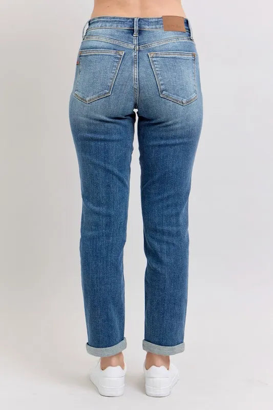 Judy Blue Full Size Mid Rise Skinny Cuff Jeans with Pockets Plus Size-Stay Foxy Boutique, Florissant, Missouri