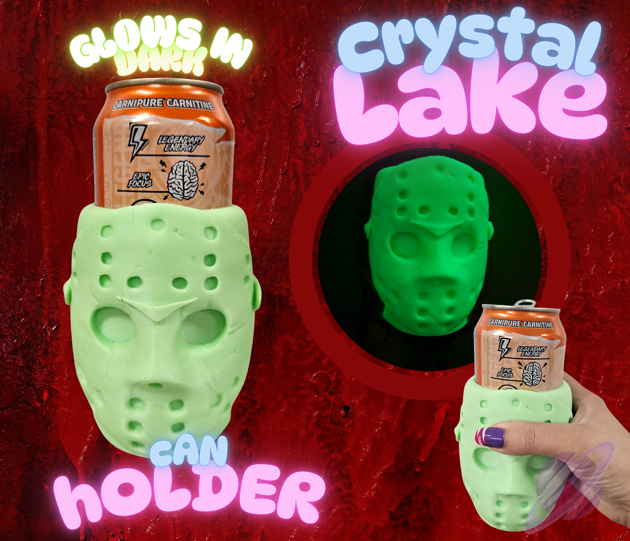 CRYSTAL LAKE- GLOW IN THE DARK-3D PRINTED CAN HOLDER-Stay Foxy Boutique, Florissant, Missouri