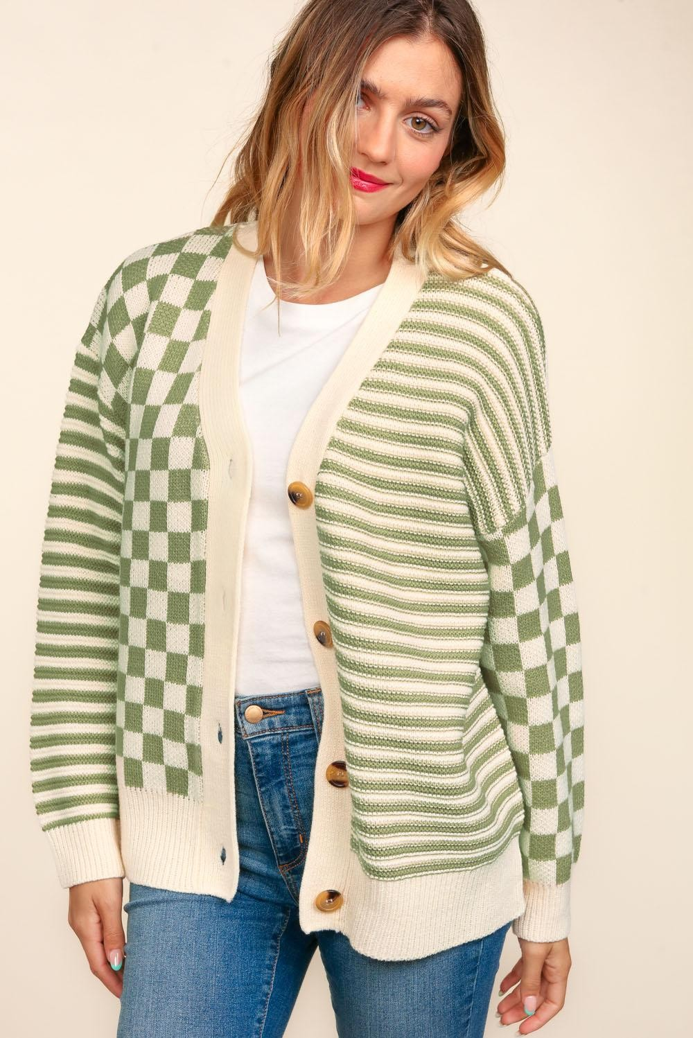 Button Down Checker Stripe Sweater Cardigan-Womens-Stay Foxy Boutique, Florissant, Missouri