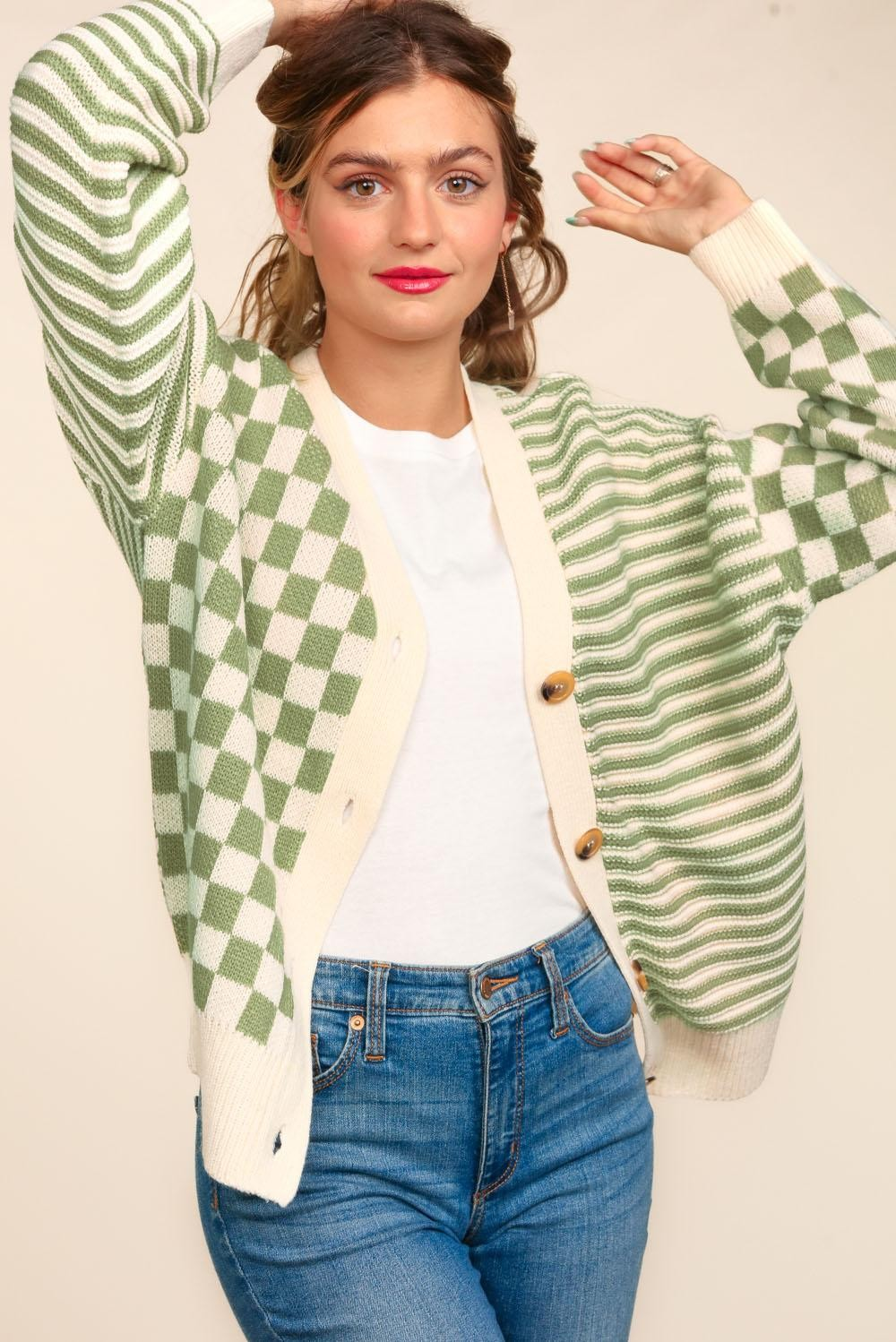 Button Down Checker Stripe Sweater Cardigan-Womens-Stay Foxy Boutique, Florissant, Missouri