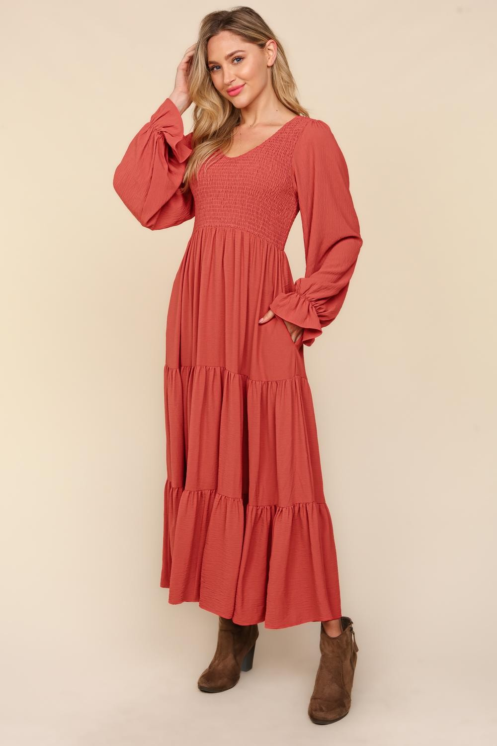 Smocking Maxi Woven Dress with Side Pockets in Marsala-Womens-Stay Foxy Boutique, Florissant, Missouri