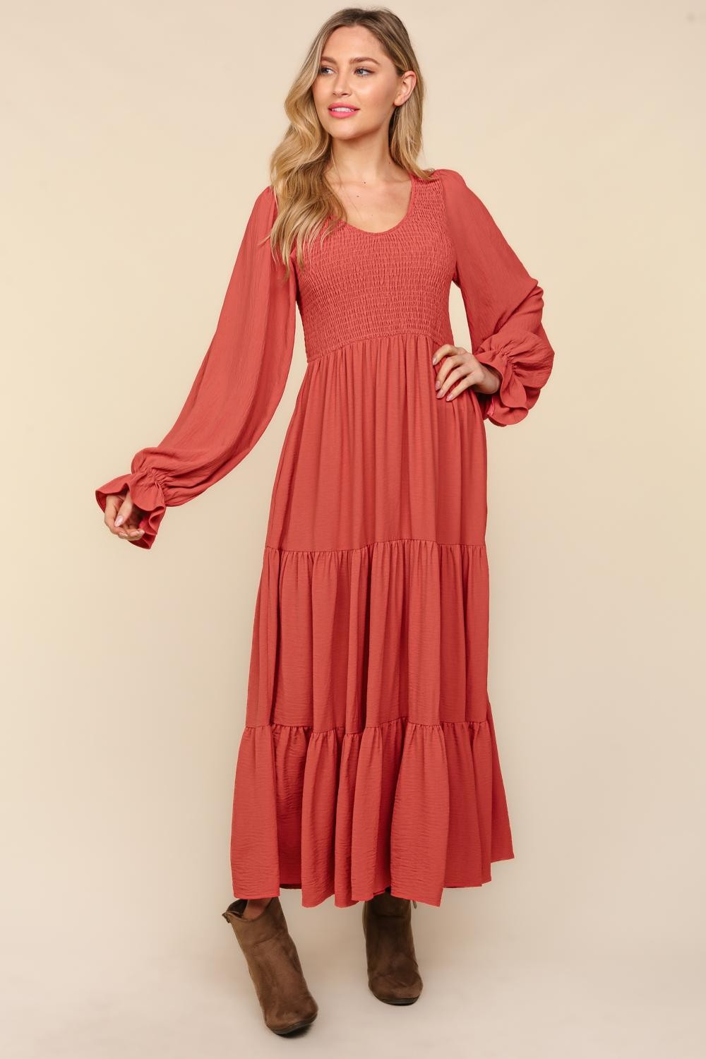 Smocking Maxi Woven Dress with Side Pockets in Marsala-Womens-Stay Foxy Boutique, Florissant, Missouri