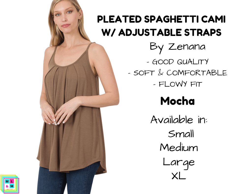 Pleated Spaghetti Strap Cami - Mocha-Tank Top-Stay Foxy Boutique, Florissant, Missouri