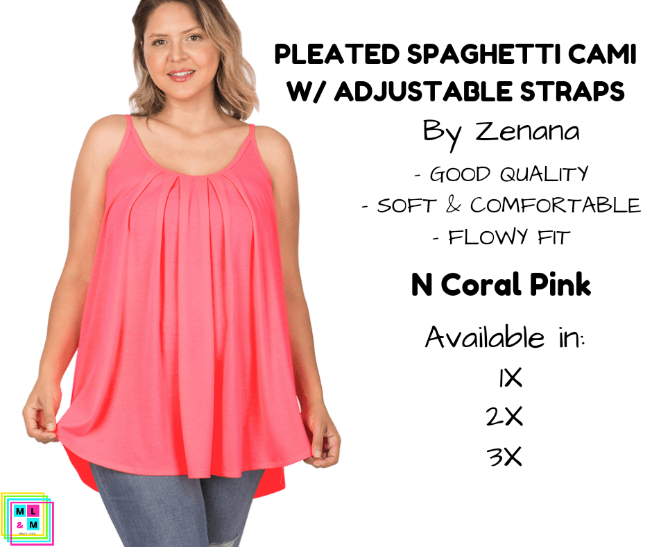 PLUS Pleated Spaghetti Strap Cami - N Coral Pink-Tank Top-Stay Foxy Boutique, Florissant, Missouri