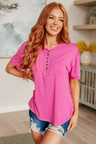 On A Whim Pink Raw Hem Henley Tee-Tops-Stay Foxy Boutique, Florissant, Missouri