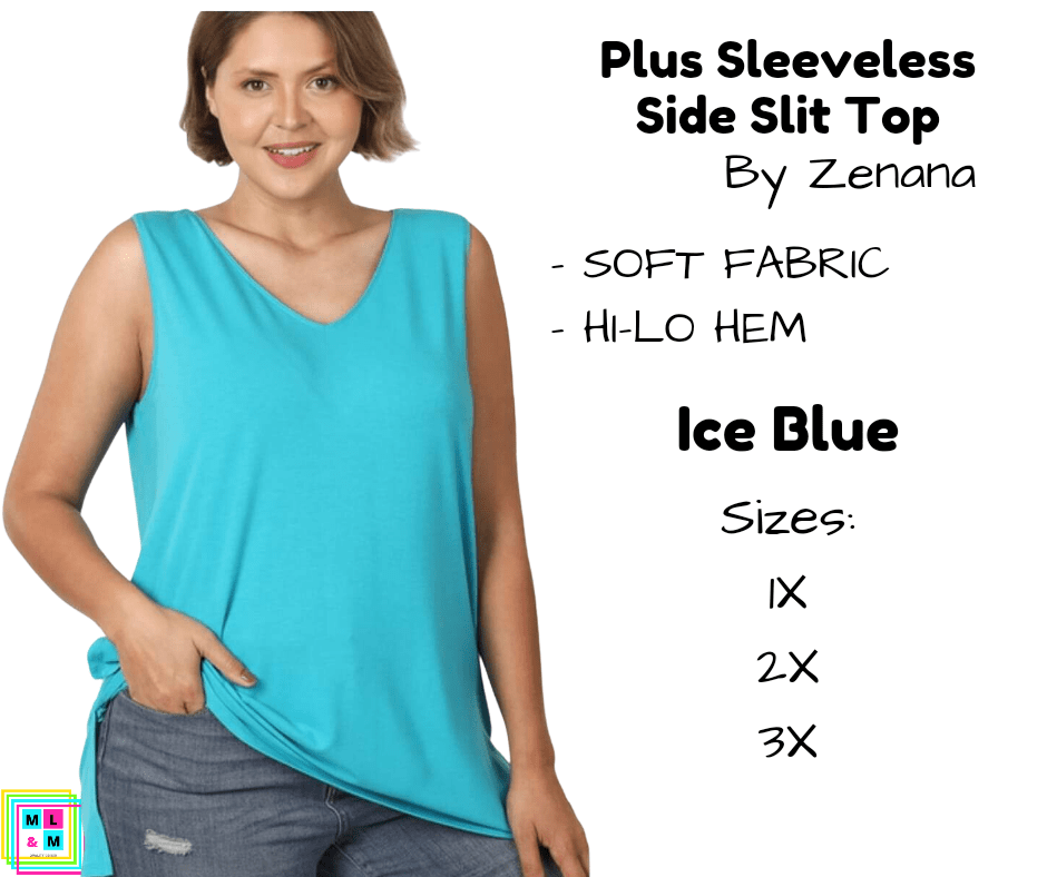 PLUS Sleeveless Side Slit Top - Ice Blue-Tank Top-Stay Foxy Boutique, Florissant, Missouri