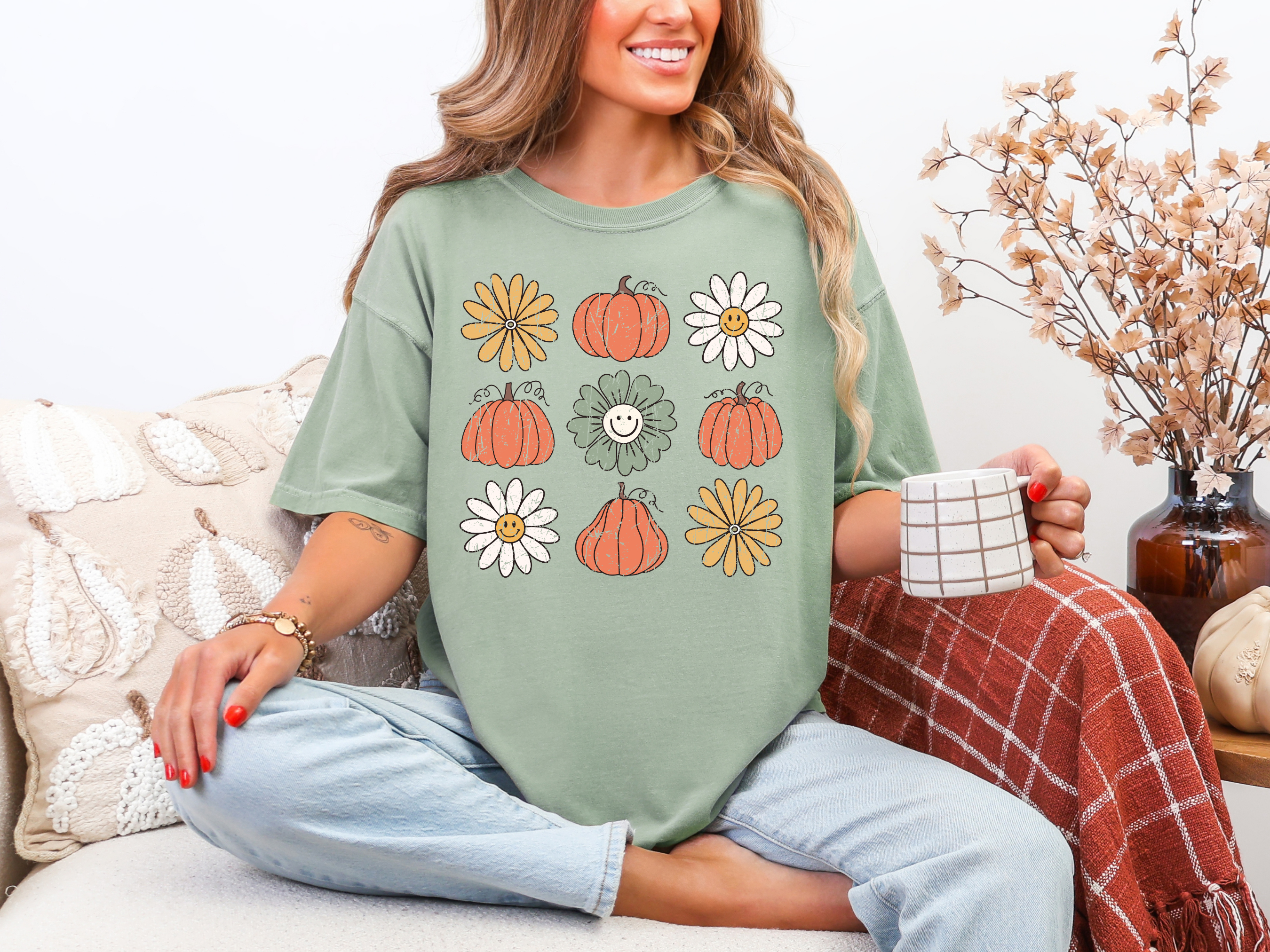 Pumpkin Flowers Retro Graphic Shirt-Womens-Stay Foxy Boutique, Florissant, Missouri