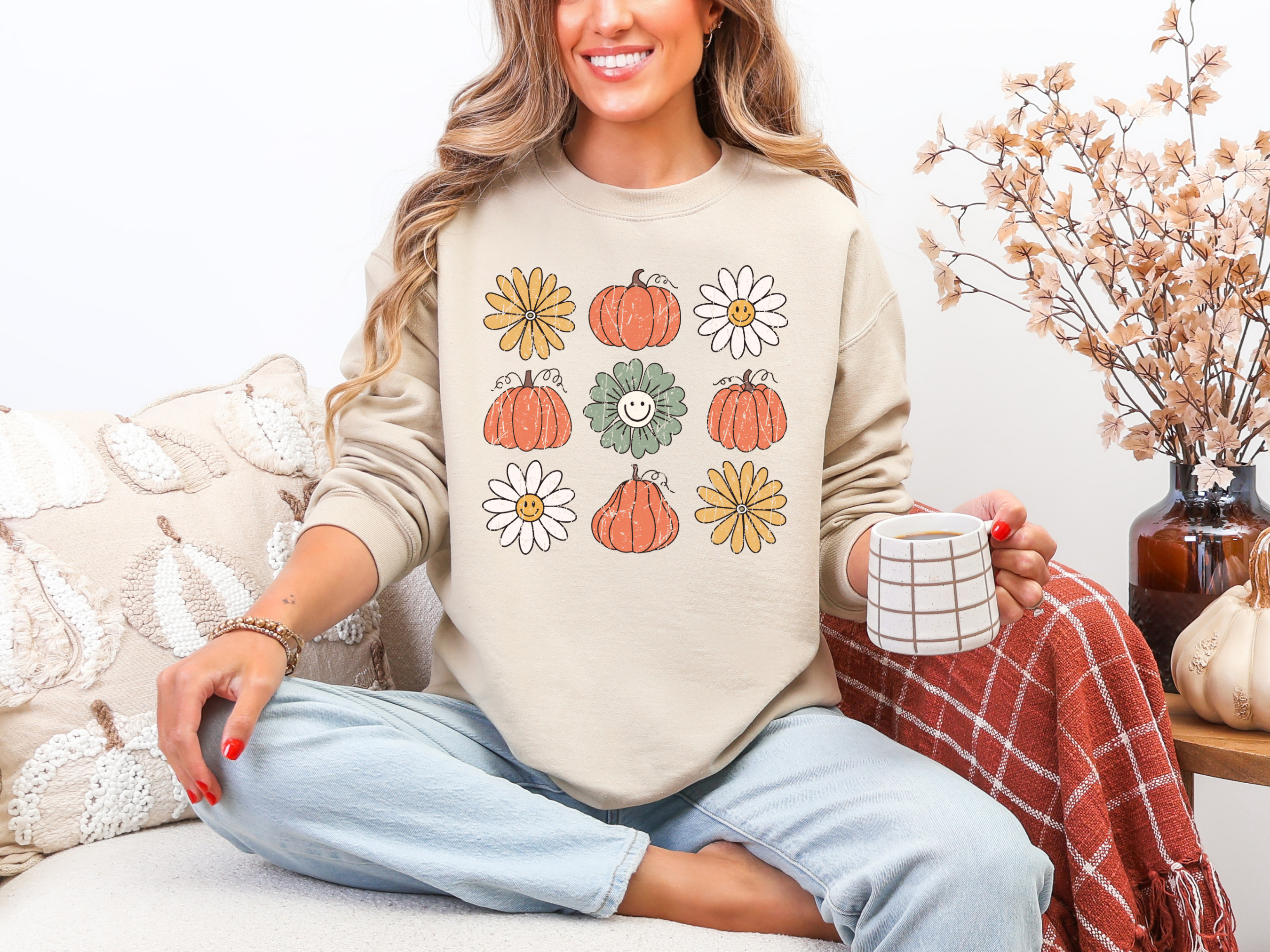 Pumpkin Flowers Retro Sweatshirt-Womens-Stay Foxy Boutique, Florissant, Missouri