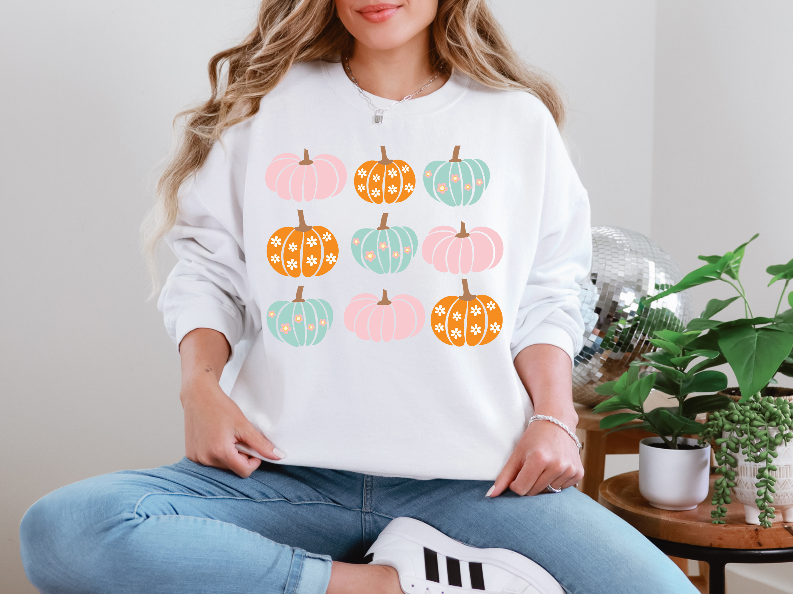 Pink Orange Blue Pumpkins Sweatshirt-Womens-Stay Foxy Boutique, Florissant, Missouri