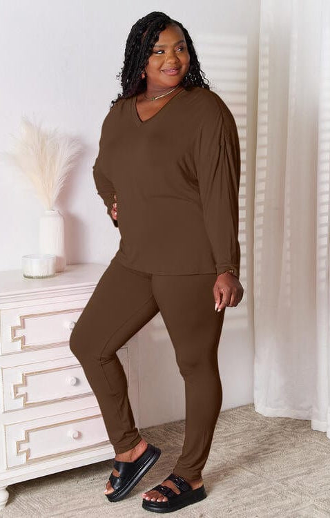 Basic Bae Full Size V-Neck Soft Rayon Long Sleeve Top and Pants Lounge Set-Stay Foxy Boutique, Florissant, Missouri