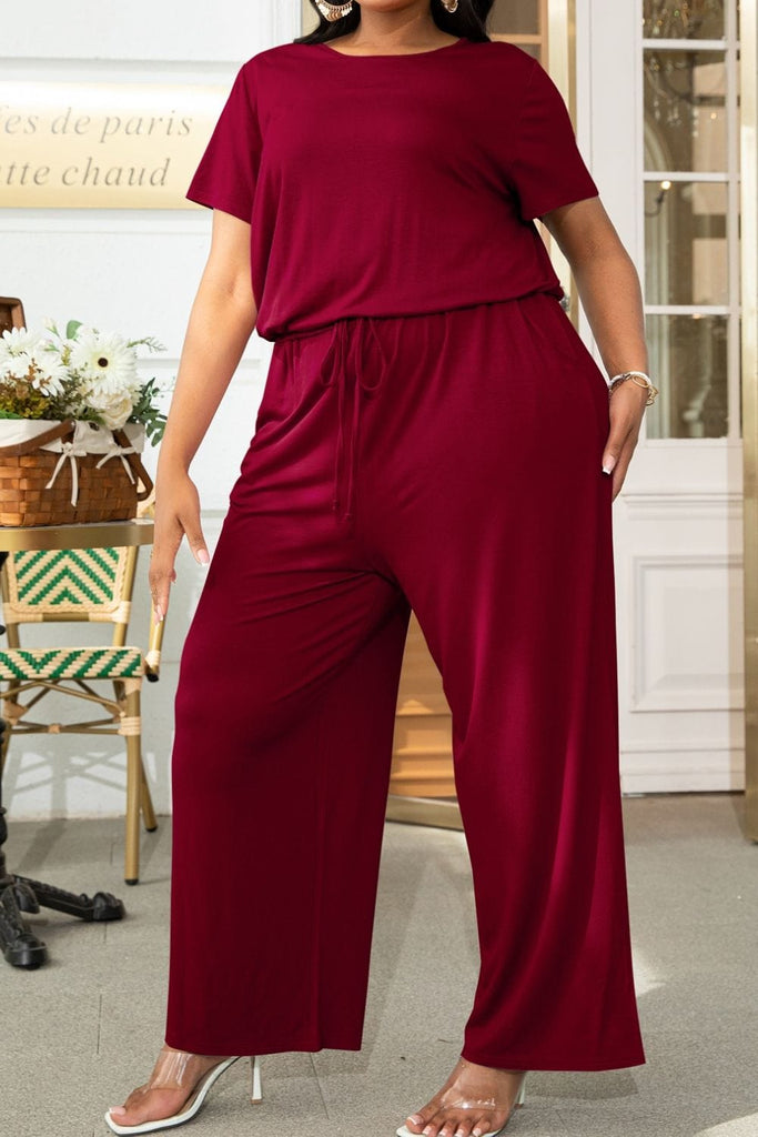 Plus Size Drawstring Waist Short Sleeve Jumpsuit-Stay Foxy Boutique, Florissant, Missouri