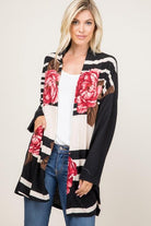 FLORAL WITH STRIPED LONG SLEEVE OPEN FRONT CARDIGAN-A. Gain-Stay Foxy Boutique, Florissant, Missouri