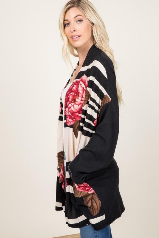FLORAL WITH STRIPED LONG SLEEVE OPEN FRONT CARDIGAN-A. Gain-Stay Foxy Boutique, Florissant, Missouri