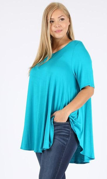 TURQUOISE SOLID COLOR FLOWY TUNIC-Curvy Lovey-Stay Foxy Boutique, Florissant, Missouri