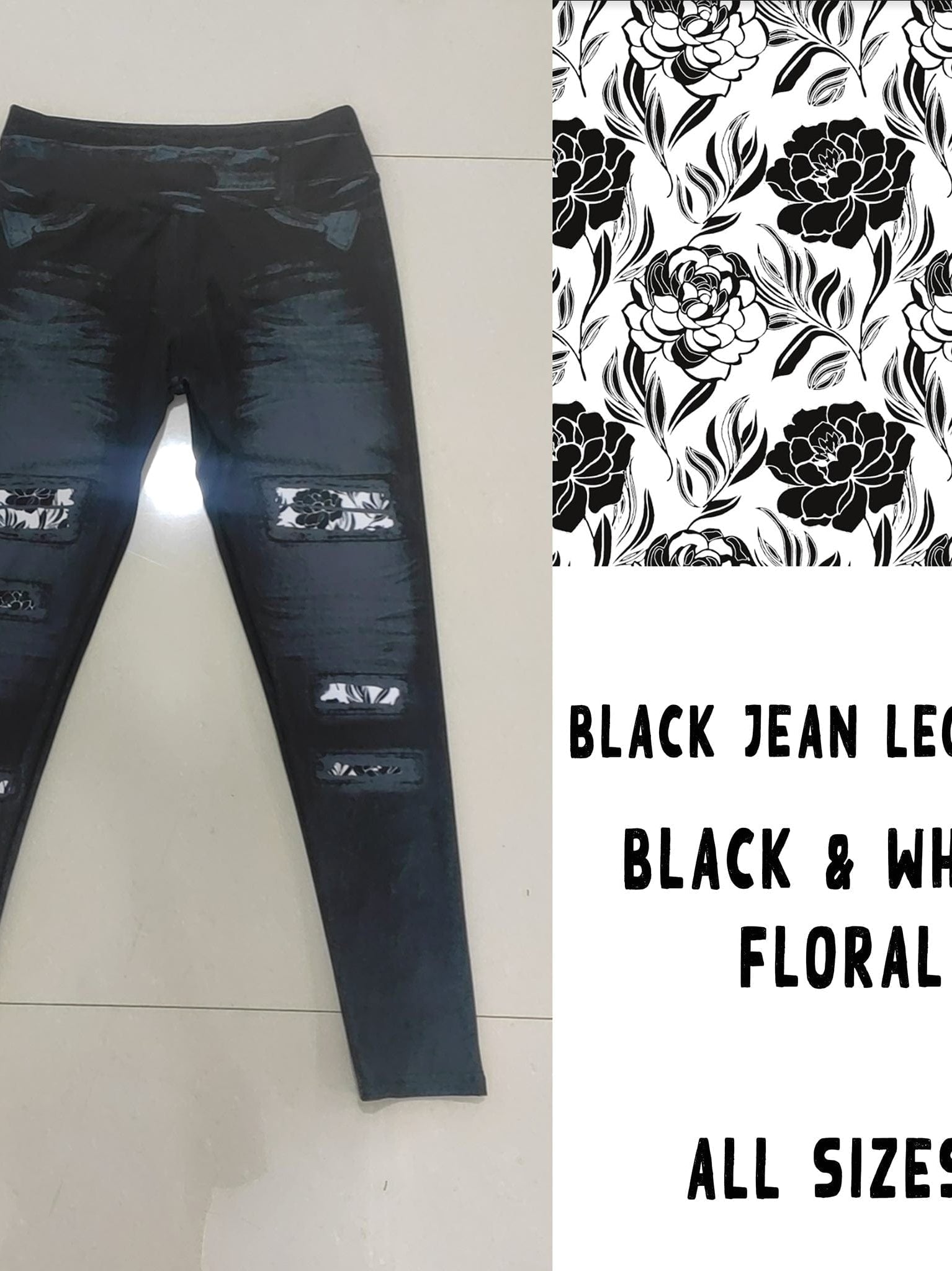 LEGGING JEAN RUN-BLACK WHITE FLORAL (ACTIVE BACK POCKETS)-Stay Foxy Boutique, Florissant, Missouri