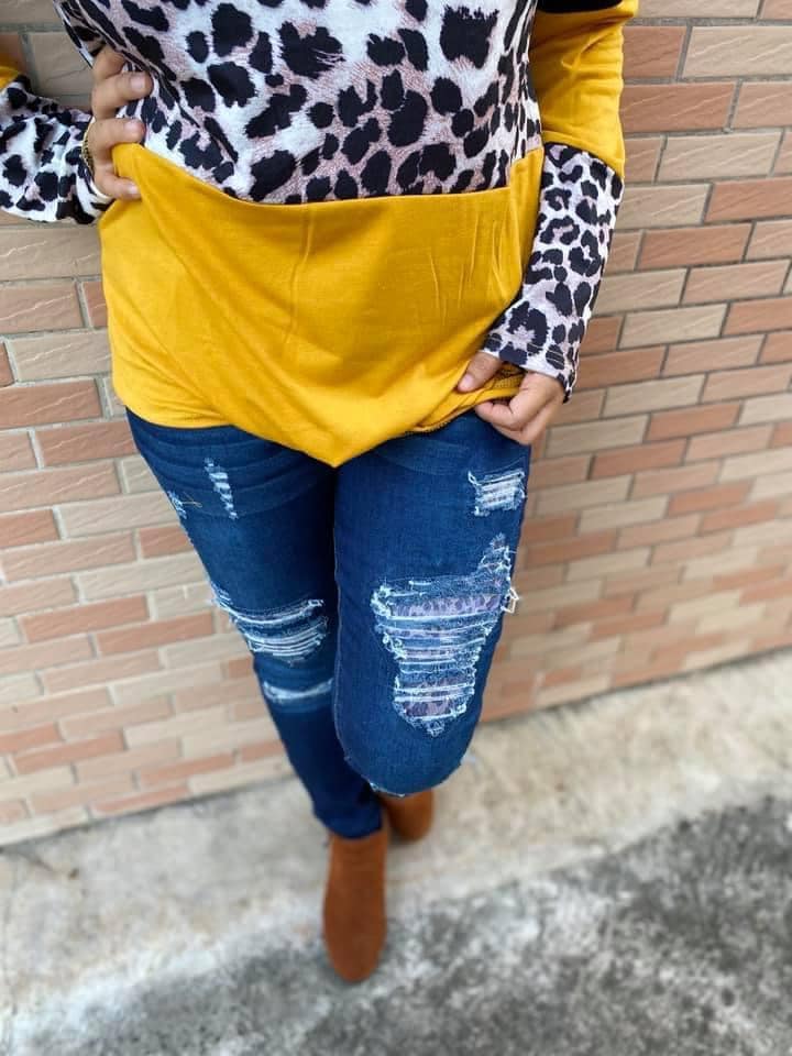 DISTRESSED STRETCH PATCH DENIM-Stay Foxy Boutique, Florissant, Missouri