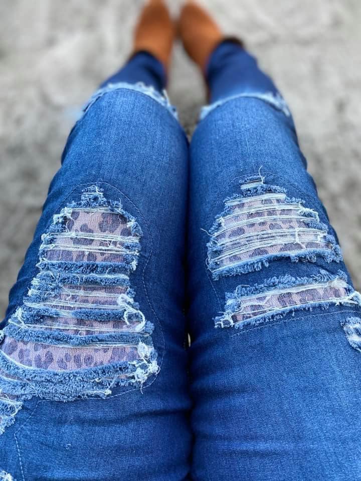 DISTRESSED STRETCH PATCH DENIM-Stay Foxy Boutique, Florissant, Missouri