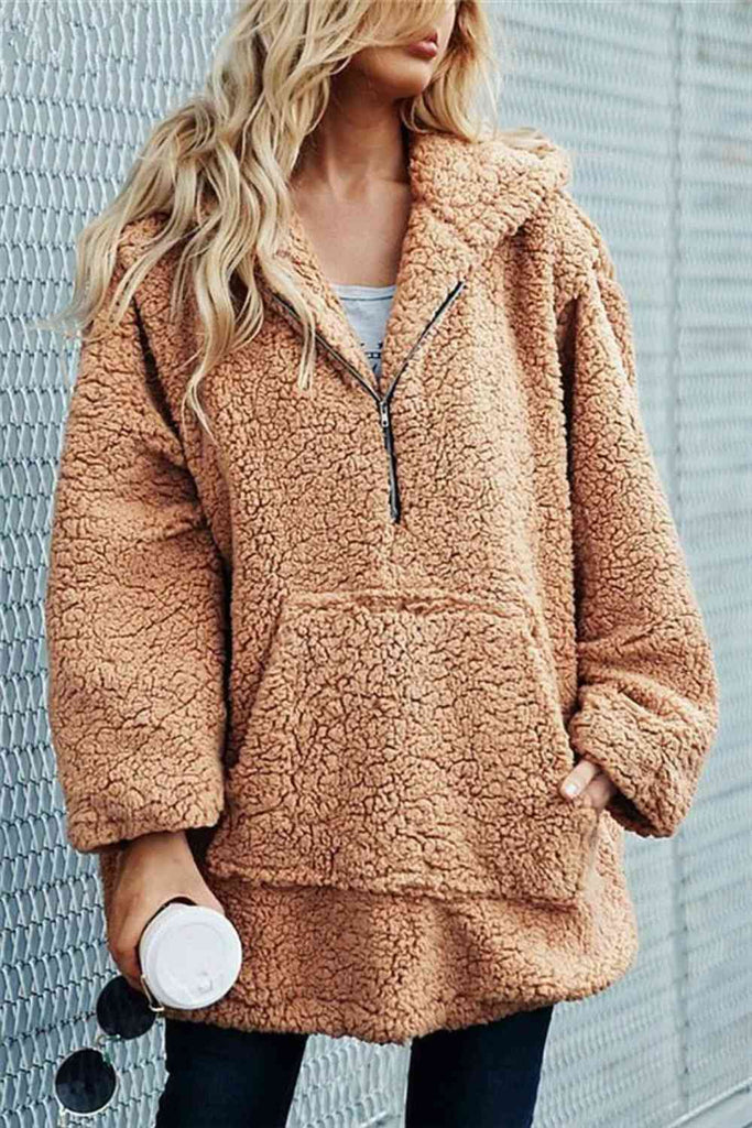 Full Size Half Zip Up Teddy Hoodie with Front Pocket-Stay Foxy Boutique, Florissant, Missouri