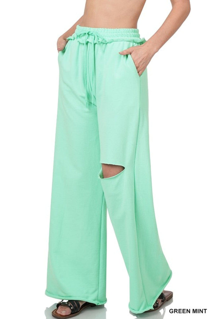 New Colors - Zenana French Terry Laser Cut Pants With Pockets-Pants-Stay Foxy Boutique, Florissant, Missouri