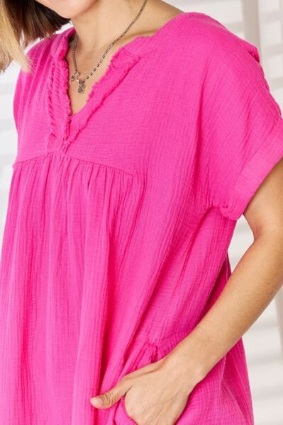 Zenana Full Size Rolled Short Sleeve Raw Trim Dress-Stay Foxy Boutique, Florissant, Missouri