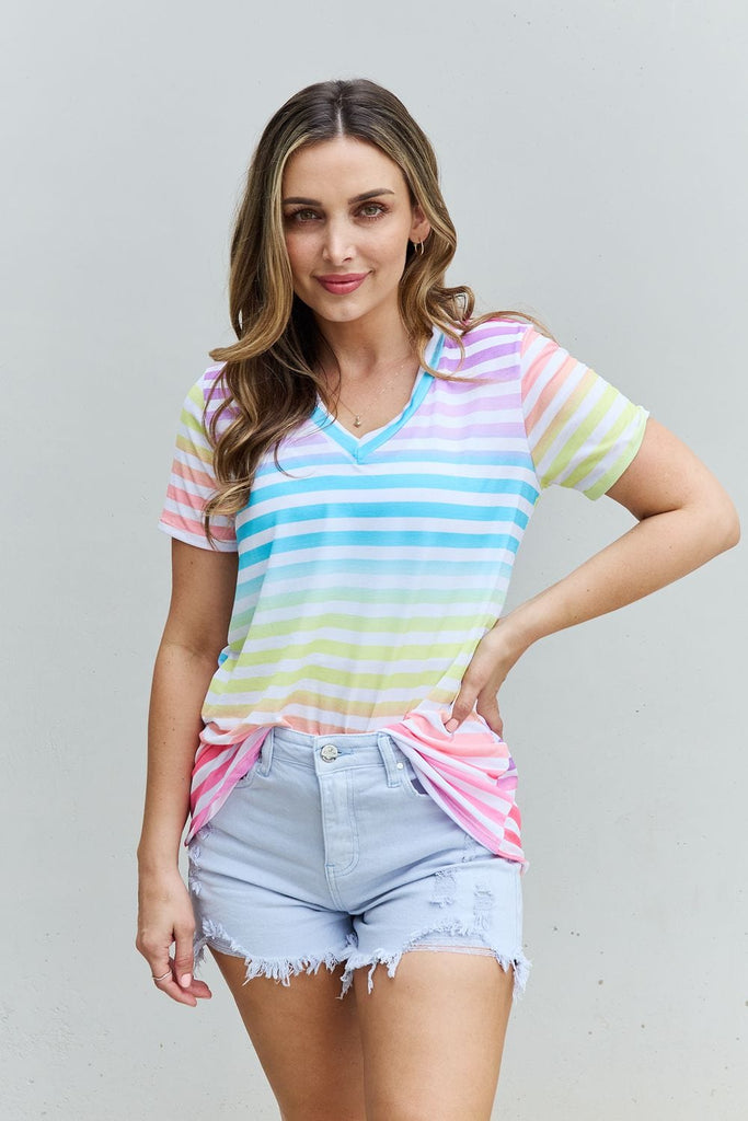 Heimish Out And Proud Full Size Multicolored Striped V-Neck Short Sleeve Top-Stay Foxy Boutique, Florissant, Missouri