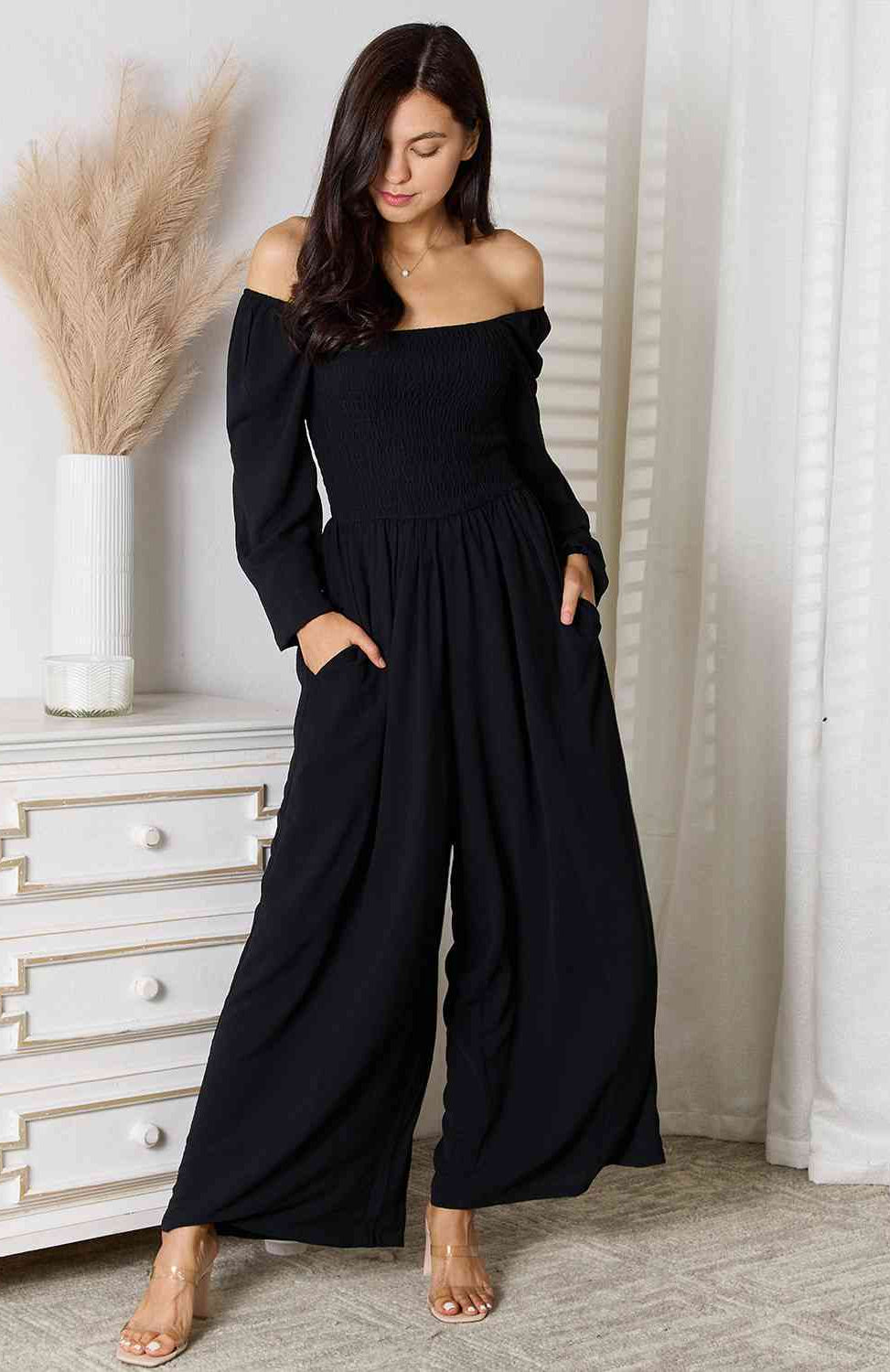 Double Take Square Neck Jumpsuit with Pockets-Stay Foxy Boutique, Florissant, Missouri