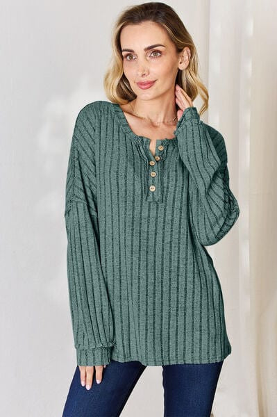 Basic Bae Full Size Ribbed Half Button Long Sleeve T-Shirt-Stay Foxy Boutique, Florissant, Missouri