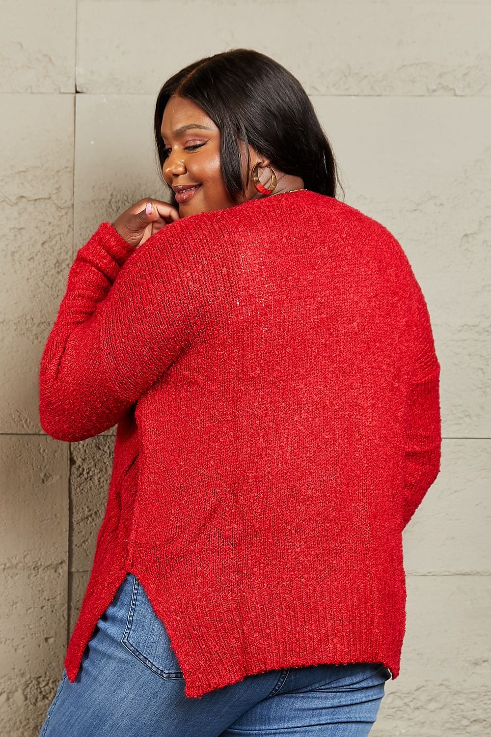 Heimish By The Fire Full Size Draped Detail Knit Sweater-Stay Foxy Boutique, Florissant, Missouri
